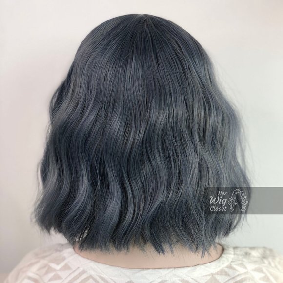 12" Ashy Blue Gray Wavy Wig with Bangs | Stacy - Picture 3 of 10